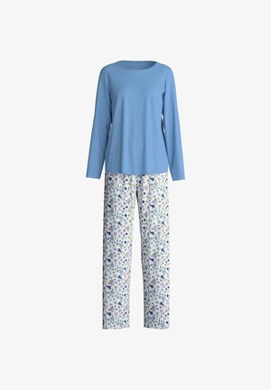 Blue long-sleeve top and white pajama pants with a floral pattern in blue, purple, and green tones. Soft fabric with a relaxed fit.