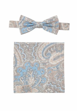 Musterte Fliege und Einstecktuch-Set in Hellblau, Braun und Creme. Verfügt über ein Paisley-Muster mit detaillierten Texturen. Verstellbarer Riemen an der Fliege.