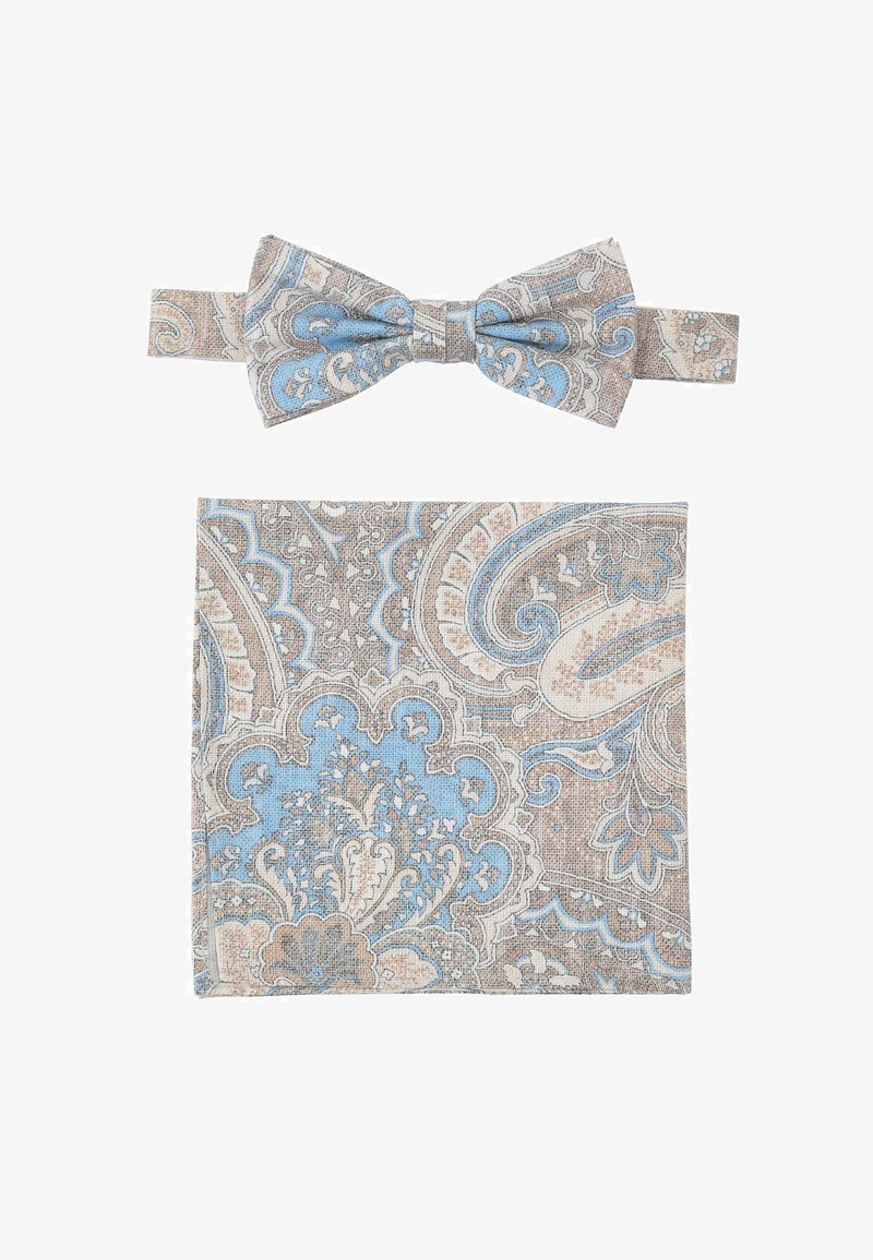 Musterte Fliege und Einstecktuch-Set in Hellblau, Braun und Creme. Verfügt über ein Paisley-Muster mit detaillierten Texturen. Verstellbarer Riemen an der Fliege.