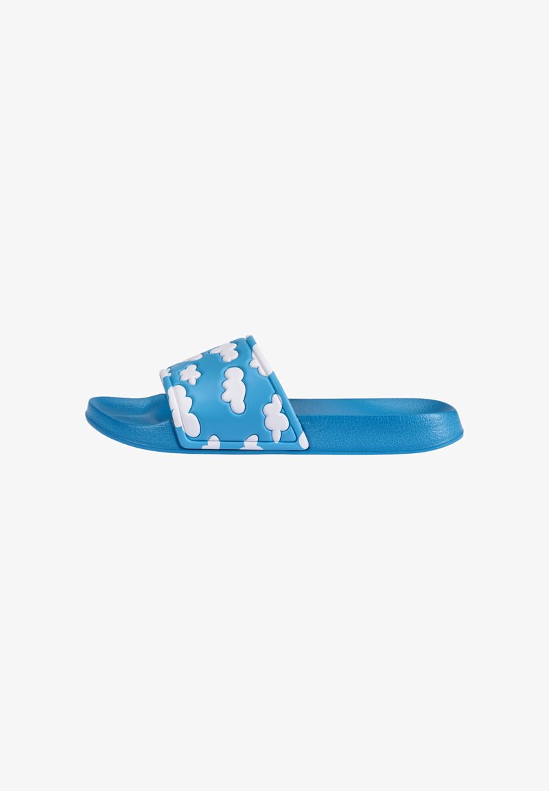 Blue slide sandal with a textured strap featuring white cloud patterns, made of lightweight plastic material. Flat sole design.