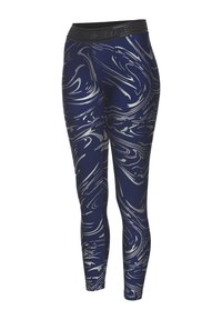 Marineblau Leggings mit silbernem Wirbelmuster, elastischem Bund und schlanker Passform. Das Material ist dehnbar und glatt.