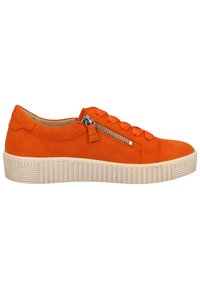 Orange suede sneaker with a white rubber sole, featuring a zipper detail on the side and textured laces for secure fit.