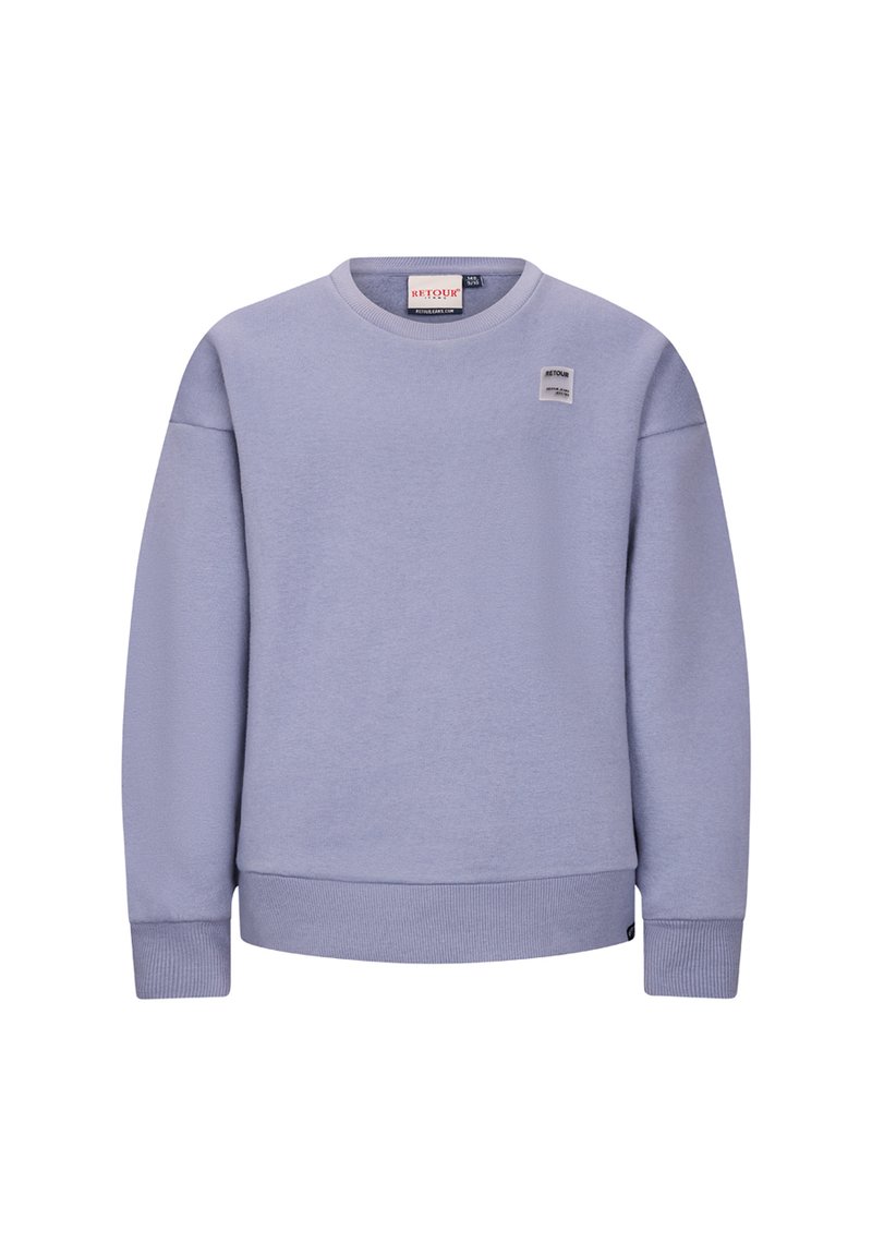 Sweatshirt di colore lilla realizzato in morbido misto cotone, con scollatura a girocollo, polsini e orlo a costine, e un piccolo logo sul petto.