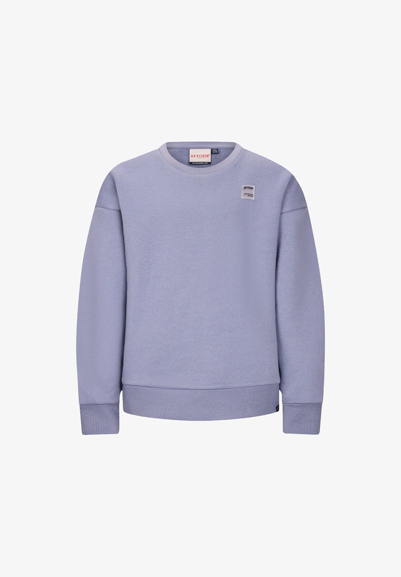 Sweatshirt di colore lilla realizzato in morbido misto cotone, con scollatura a girocollo, polsini e orlo a costine, e un piccolo logo sul petto.