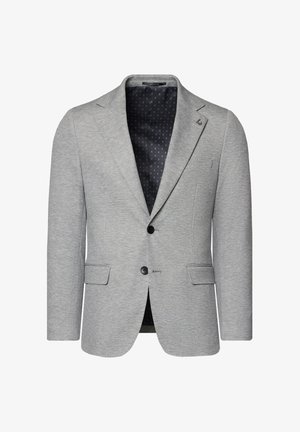 Szary żakiet z teksturowanej tkaniny, z wykładanym kołnierzem, dwoma przednimi kieszeniami, dwoma guzikami oraz wzorzystym czarnym wnętrzem.