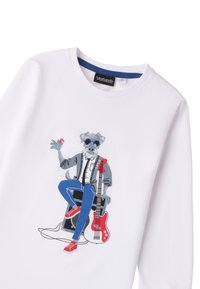 Felpa bianca a maniche lunghe con una grafica colorata di un cane che indossa occhiali da sole, seduto con una chitarra rossa e uno sfondo blu.