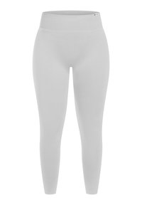 Jasnoszare legginsy z wysokim, prążkowanym pasem i gładkim, rozciągliwym materiałem. Charakteryzują się dopasowanym krojem oraz pełną długością.