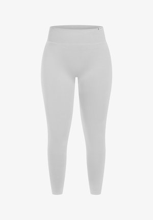 Hellgraue Leggings mit einem hohen, gerippten Bund und einem glatten, dehnbaren Stoff. Sie haben eine taillierte Passform und einen langen Schnitt.