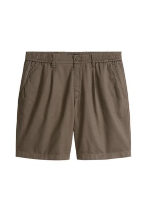 Brown men's shorts with elastic waistband, belt loops, button closure, and side pockets, laid flat on a white background.