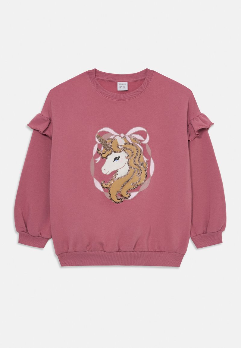 Rosa Sweatshirt mit einem Einhorn-Graphic und goldenen Pailletten, Rüschendetails an den Ärmeln und einem runden Designelement mit einer Schleifendetail.