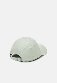 Casquette de baseball vert clair avec une visière courbée, une sangle arrière réglable et un design d'œillet cousu. Texture lisse et détails minimaux.