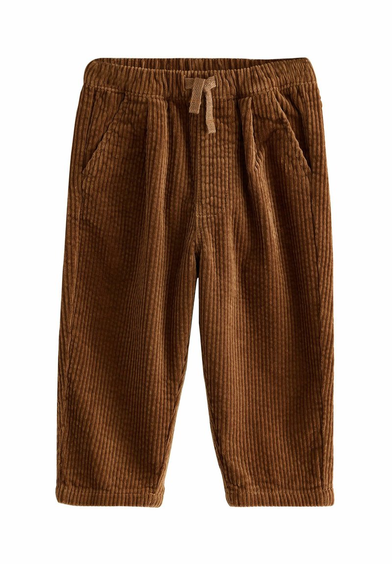 Hnedé kordurové nohavice s rebrovanou textúrou, elastickým pásom so sťahovacou šnúrkou a dvoma bočnými vreckami. Dizajn s krátkou dĺžkou.