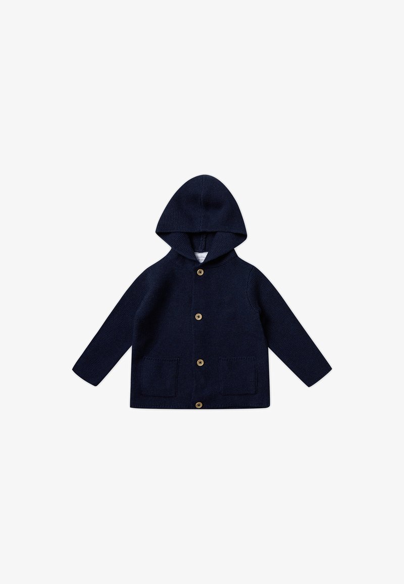 Marineblauer Strickhoodie mit langen Ärmeln, zwei Fronttaschen und Holzknöpfen. Verfügt über eine strukturierte Stoffoberfläche.