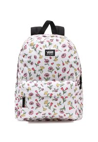 Sac à dos floral blanc avec des motifs roses, jaunes et verts, équipé d'une poche zippée à l'avant et de bretelles noires. Logo de la marque affiché à l'avant.