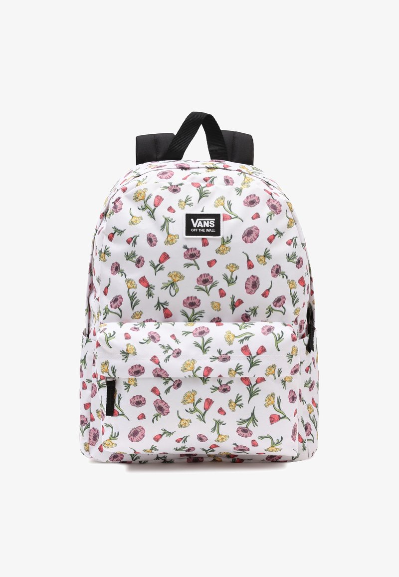 Sac à dos floral blanc avec des motifs roses, jaunes et verts, équipé d'une poche zippée à l'avant et de bretelles noires. Logo de la marque affiché à l'avant.