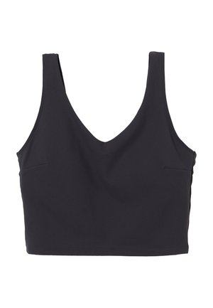 Top court noir sans manches avec un décolleté en V profond, fabriqué en matériau doux, présentant un design minimaliste sans fermetures ni motifs visibles.