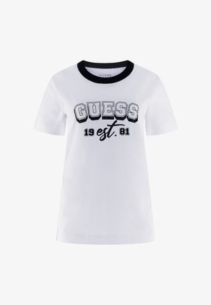 Hvid bomulds t-shirt med en sort ribbet rund halsudskæring. Har fed sort tekst "GUESS 19 est. 81" trykt på forsiden. Korte ærmer.