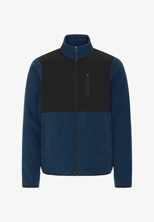 Blaue Fleecejacke mit schwarzem oberen Panel, Reißverschluss vorne und Brusttasche. Verfügt über Seitentaschen und elastische Bündchen für eine enge Passform.