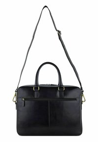 Valigetta in pelle nera con texture liscia, manici superiori doppi, tracolla removibile e tasca con zip frontale.