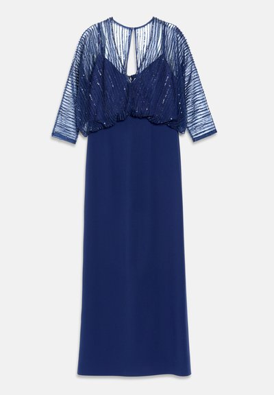 Longue robe bleu marine avec un voile transparent orné de perles sur le haut du corps et les manches, avec un décolleté en trou de serrure et une jupe fluide.