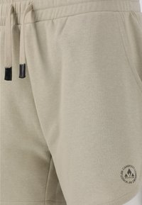 Ljusbeige shorts i mjukt tyg med elastisk midja och dragsko. Har sidofickor och ett tryckt logodetalj.