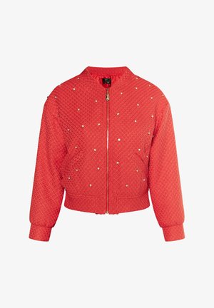 Rode gewatteerde bomberjack met een rits aan de voorkant, voorzien van gouden versieringen en geribbelde manchetten. Eenvoudig, cropped ontwerp met zijzakken.