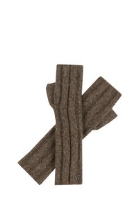 Brown fingerless gloves made of soft textured wool, featuring a ribbed design and a small logo patch at the wrist.