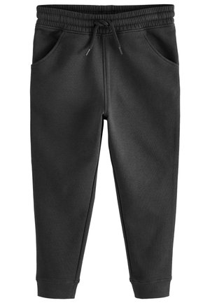 Pantalon de survêtement noir avec une ceinture élastique, un cordon de serrage réglable, des poches latérales et des poignets côtelés. Fabriqué en tissu doux et texturé.