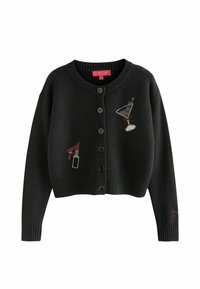 Cardigan din lână neagră cu guler rotund, manșete cu cordon și cinci nasturi, prezentând modele brodate cu un cocktail și ruj.