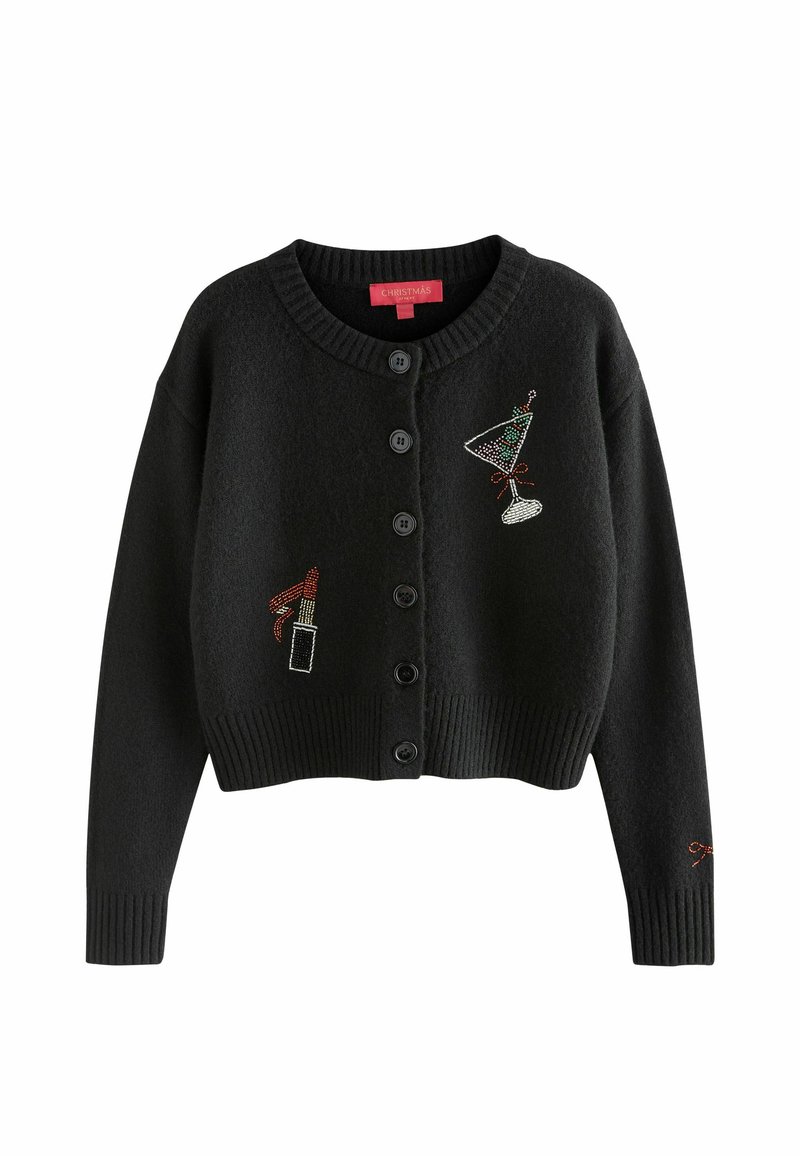 Cardigan din lână neagră cu guler rotund, manșete cu cordon și cinci nasturi, prezentând modele brodate cu un cocktail și ruj.