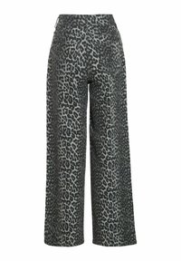 Pantalon taille haute à jambes larges avec imprimé léopard gris et noir, doté de deux poches arrière et de passants pour ceinture.