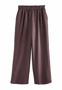 Pantaloni cu croială largă, de culoare violet închis, cu talie elastică, textură moale și luciu subtil. Fără buzunare sau ornamente vizibile.
