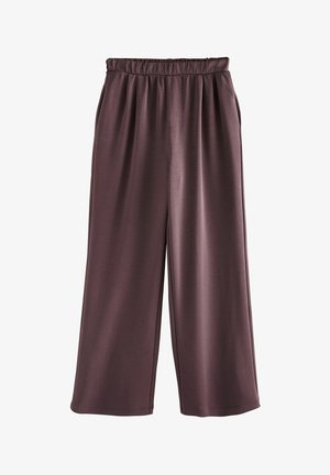 Wijde broekspijpen in een diepe paarse tint, voorzien van een elastische tailleband, zachte textuur en subtiele glans. Geen zichtbare zakken of versieringen.