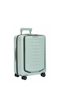 Valise rigide de couleur gris clair, équipée de quatre roues pivotantes, d'une poignée télescopique, d'une poignée latérale et d'une fermeture éclair sur le compartiment avant.