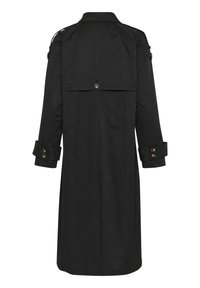 Černý trench coat s širokým límcem, knoflíkovými manžetami a zadním rozparkem. Vyroben z hladkého materiálu, má dvouřadé zapínání na knoflíky.
