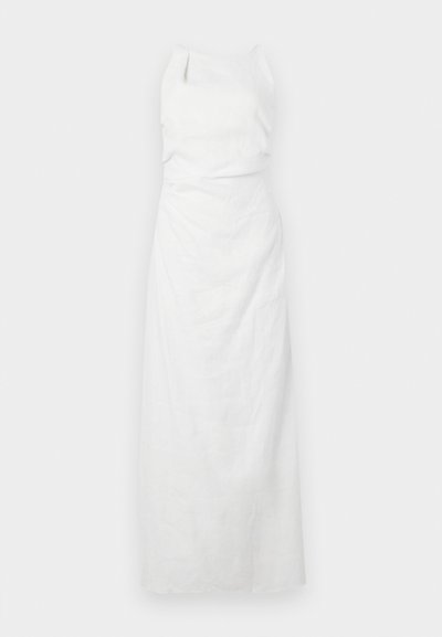 Fehér lenvászon maxiruha egyenes sziluettel, ujjatlan kialakítással és finom redőzéssel a deréknál. Simogató tapintású, minimalista stílus.