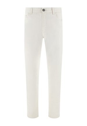 Strakke witte herenjeans met voorzakken, riemlussen en een knoopsluiting met een merkdetail.