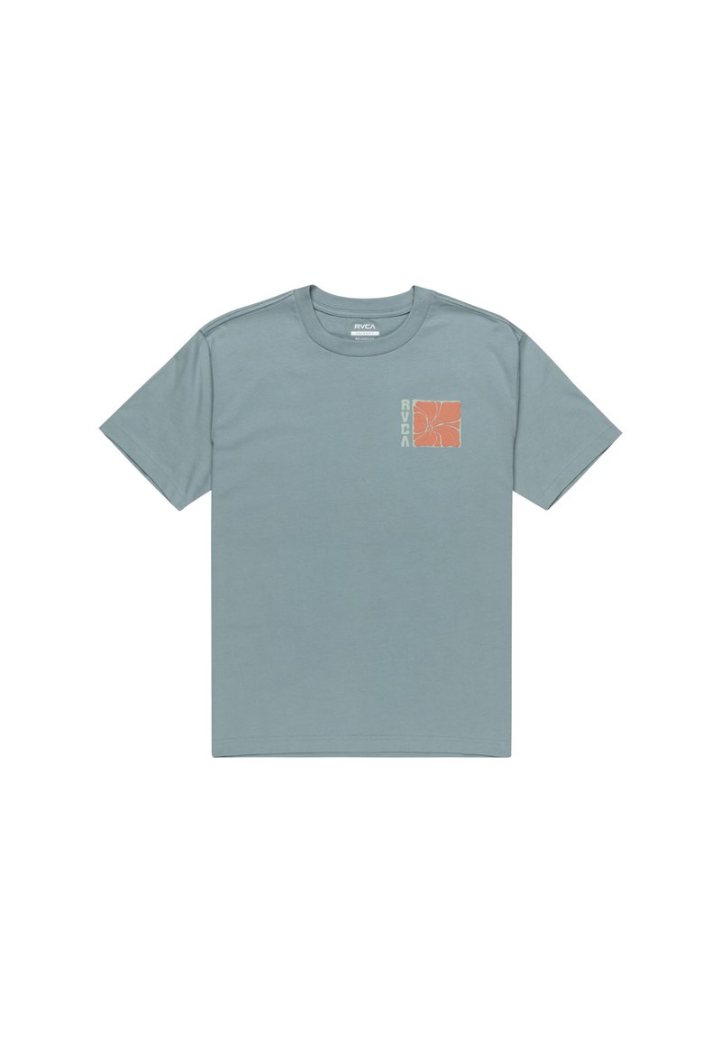 Ljusblå kortärmad t-shirt i bomull. Har en liten orange blommig grafik på vänster bröst och en rund crew-näcka.