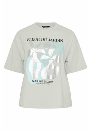 Hellgraues, übergroßes T-Shirt mit metallisch silbernen und hellblauen abstrakten Pflanzenvasen sowie dem Text "Fleur du Jardin" und "Paris Art Gallery".