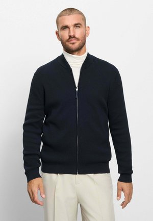 Homme aux cheveux courts et à la barbe portant un cardigan noir zippé sur un col roulé blanc et un pantalon beige clair, debout devant un fond uni.
