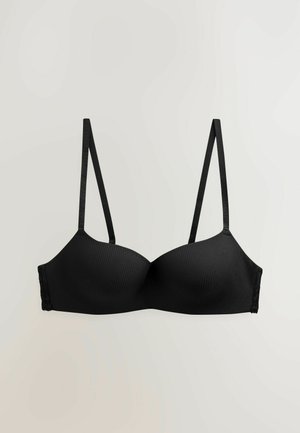 Reggiseno nero a costine con spalline sottili e regolabili, dotato di coppe modellate e inserto in pizzo lungo i lati per un tocco di dettaglio.