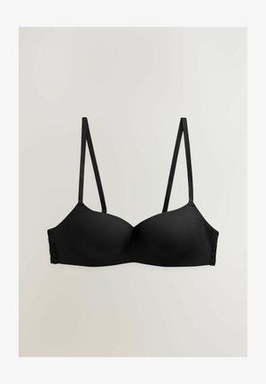 Reggiseno nero a costine con spalline sottili e regolabili, dotato di coppe modellate e inserto in pizzo lungo i lati per un tocco di dettaglio.