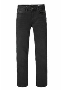 Vaqueros de mezclilla negra de corte recto, con cinco bolsillos y cierre de botón. Textura suave y detalles de costura minimalistas en las costuras.