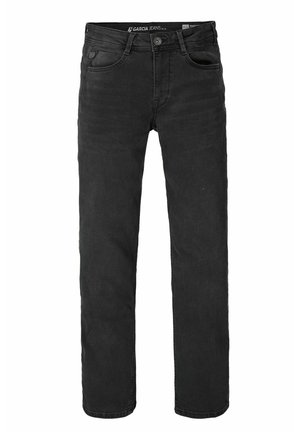 Jeans en denim noir avec une coupe droite, cinq poches et une fermeture à bouton. Texture lisse et détails de couture minimal sur les coutures.