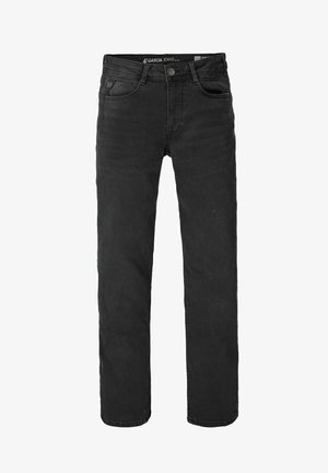 Zwarte denim jeans met een rechte pasvorm, vijf zakken en een knoopsluiting. Soepele stof en minimale stikdetails op de naden.