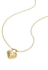 Collana con pendant a forma di cuore in oro, con superficie liscia e piccoli motivi a stella, attaccata a una delicata catena di anelli ovali.