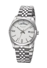 Montre en acier inoxydable argenté avec un cadran blanc texturé, affichage de la date et marqueurs horaires luminescents. Elle est dotée d'un bracelet à maillons et d'une lunette cannelée.