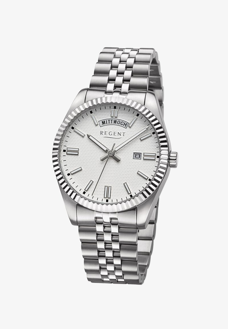 Montre en acier inoxydable argenté avec un cadran blanc texturé, affichage de la date et marqueurs horaires luminescents. Elle est dotée d'un bracelet à maillons et d'une lunette cannelée.