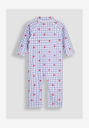 Vaikų apsauginė maikutė, lengva purpurinė languota medžiaga, trumpomis raglan rankovėmis, puošta raudonomis braškėmis, be užtrauktuko priekyje.