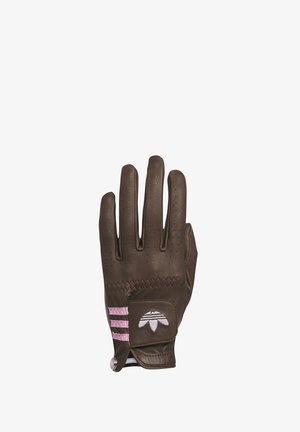 Brown leather glove with perforated fingers, three pink accent stripes on the wrist area, and a logo patch near the wrist.